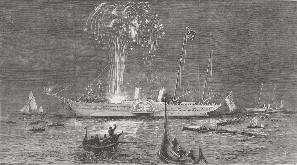 COWES. regatta-Prince Waless Yacht Osborne lit up 1879 old antique print